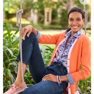Talbots plus Girlfriend Cardigan Colorblock Orange Pink Button down X NWOT‎